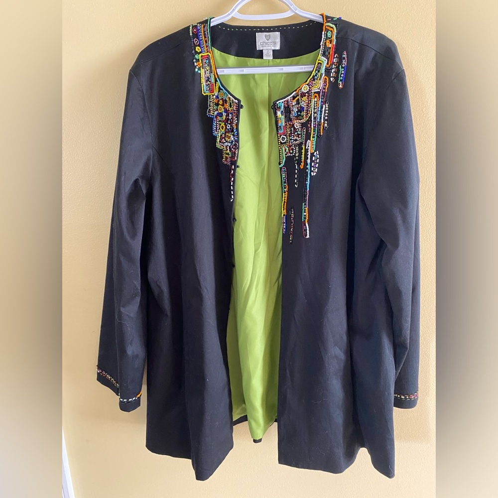 Chico’s Ladies Jacket, size US XL, color black with multiple bead colors